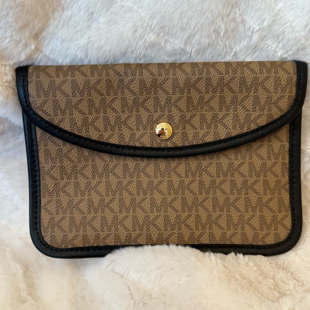 Michael Kors Eva Pouch Clutch Husk Black Signature MK Logo Monogrammed Wristlet